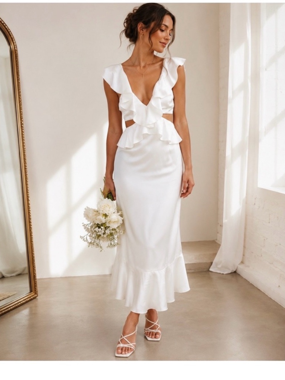 Show Me Your MuMu White Ruffle Cutout Midi Dress